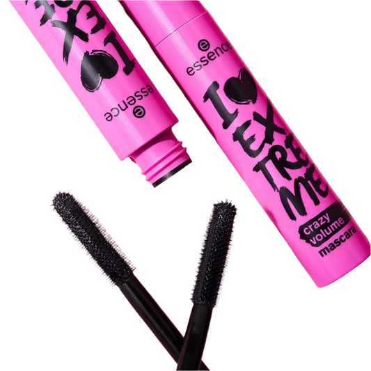 Pink mascara tube with black text and two black mascara brushes on a white background