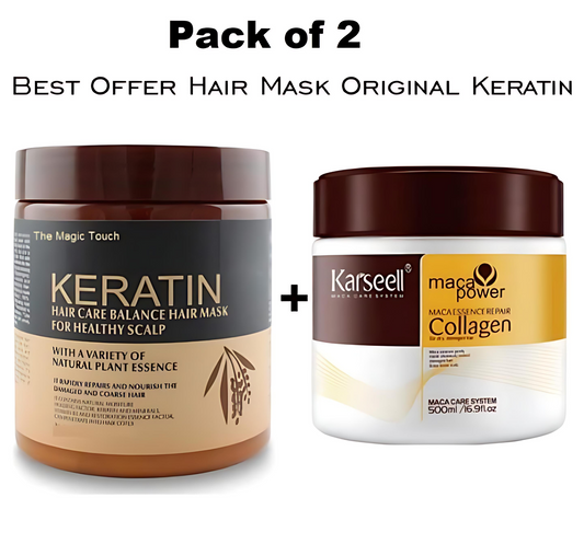 Two hair mask containers with labels on a white background