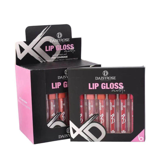 Display box of DaisyRose lip gloss with multiple lip gloss tubes inside.