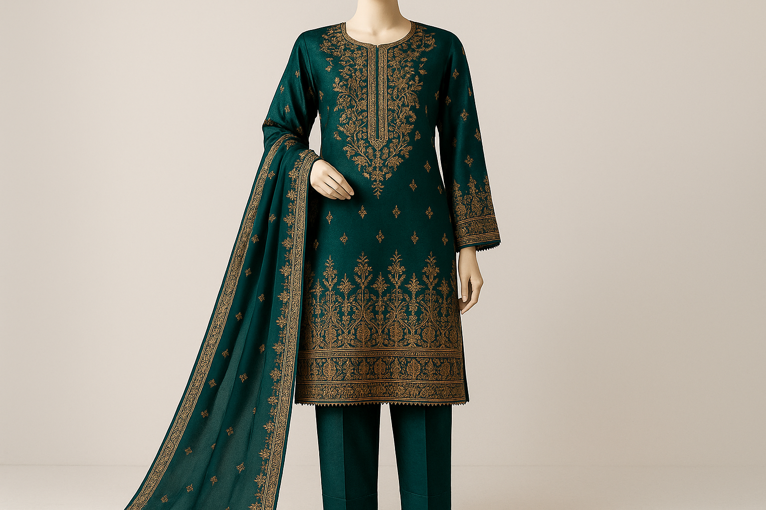 i need a sqaure cover image of ratio 1024 by 1024 for my woemn'sclothing coection which resides on my home screen of a pakistani 3 peice women's bin saeed suit. without any text. make it high quality decent yet demandable